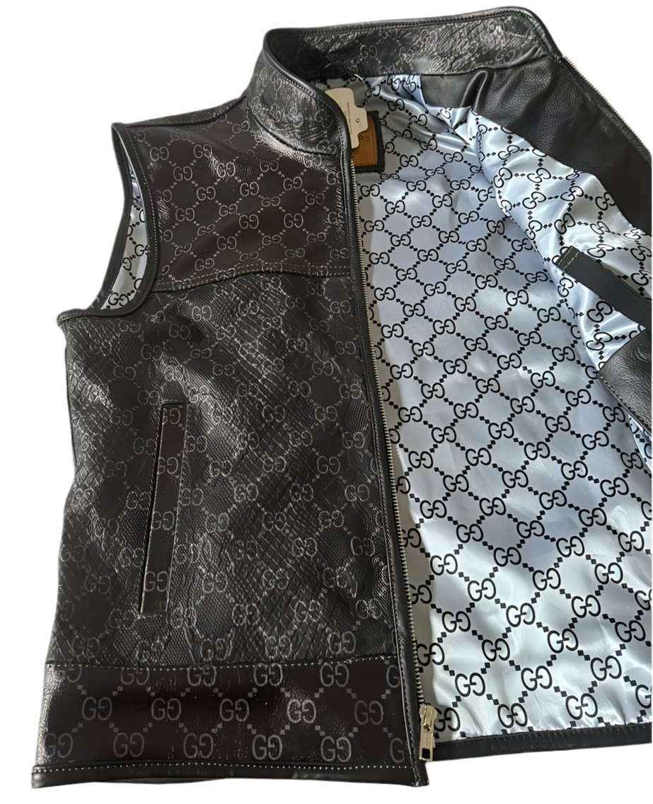 Branded Crocodile and Plain Leather Biker Vest with inside Gun Pockets