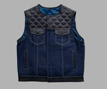 Mens Leather Denim Builder Diamond Quilted Motorcycle Biker Vest