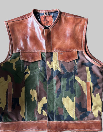 Leather Vest Hand Made Distress Brown Green Camo Waistcoat and Leather Son of Anarchy Club Biker Moto Vest Gifts For Men , Gifts For Him