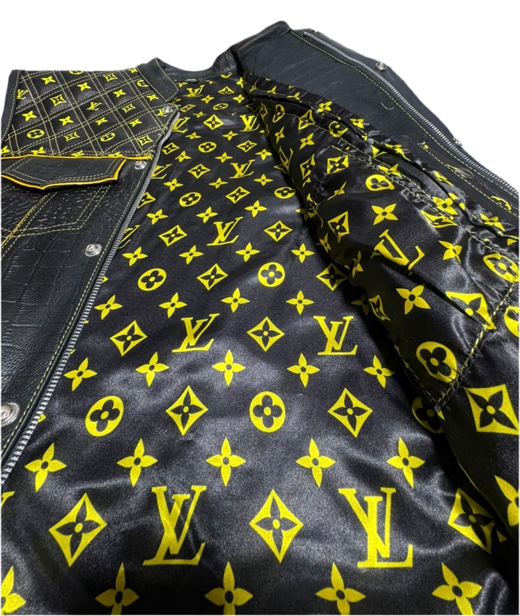 Luxury LV Quilted Biker Vest with Genuine Crocodile Leather Trim – Premium Motorcycle Vest