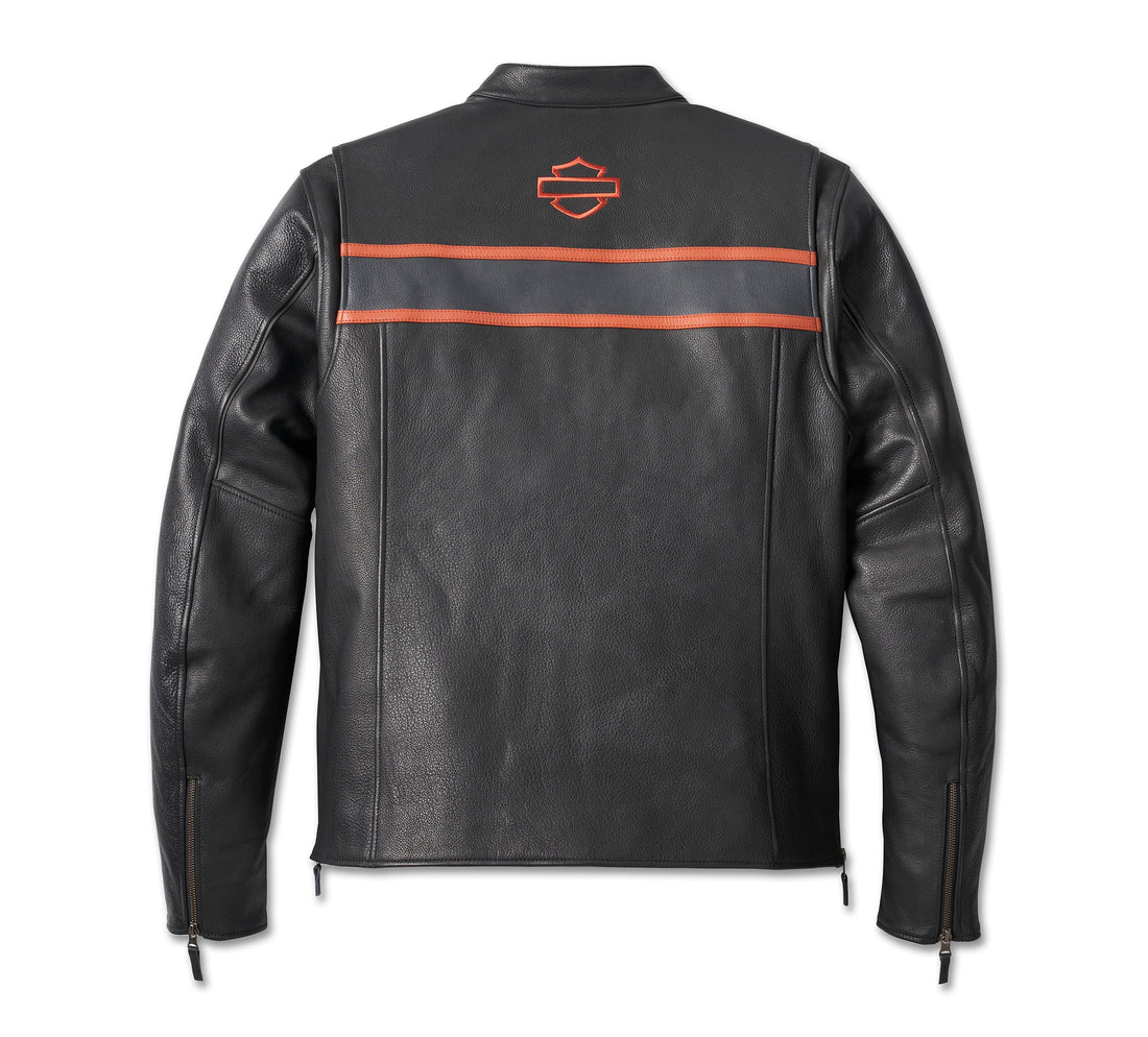 Harley-Davidson Men's Black Leather Motorcycle Jacket - Orange & Grey Racing Stripe