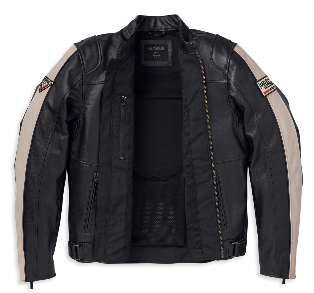 Harley-Davidson Men's Black Leather Racing Jacket - Cream Shoulder Panels & Bar & Shield