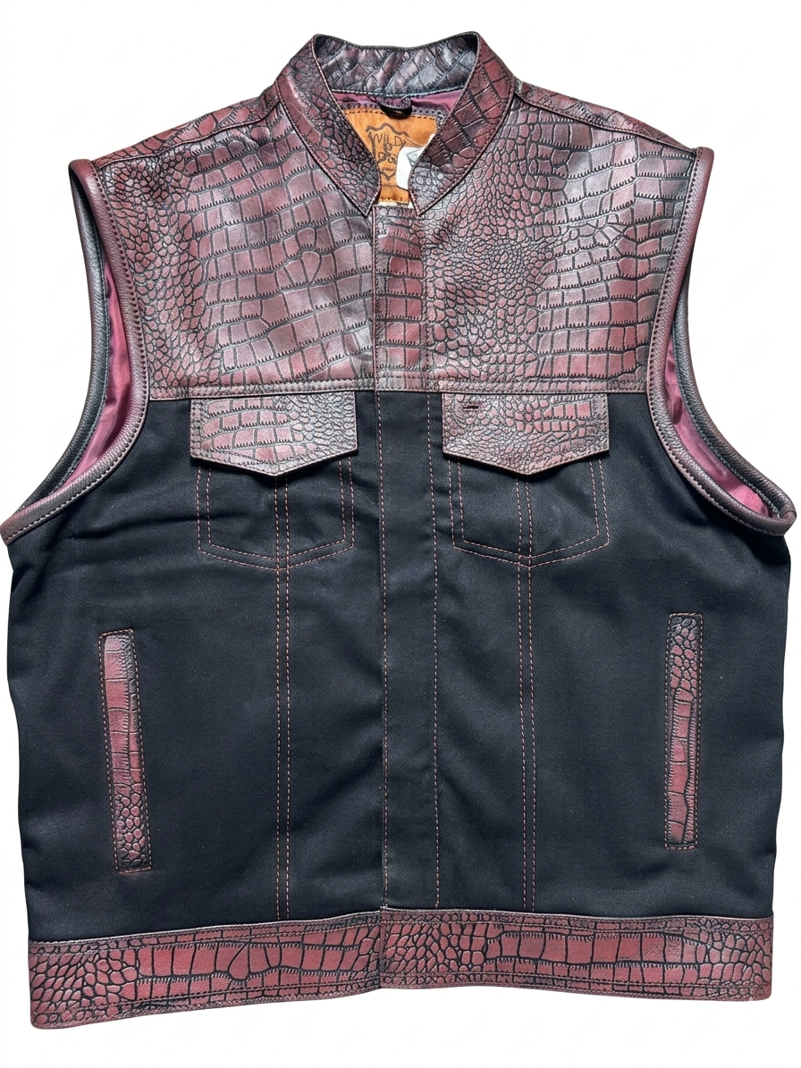 Crimson Croc Men's Motorcycle Leather/Denim Vest