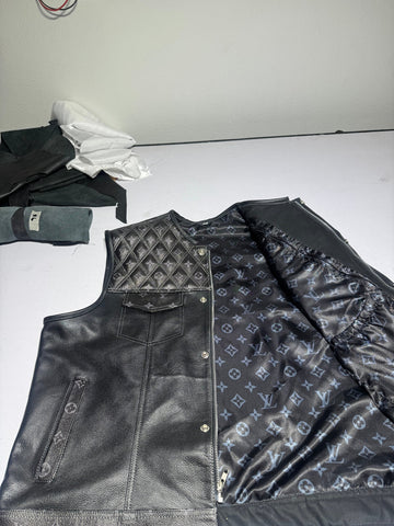 Black Leather Vest with Grey Lo*** Vit** Pattern- Premium Quality