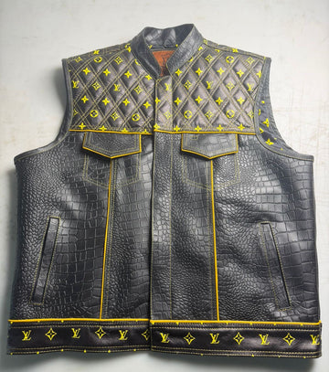 Luxury LV Quilted Biker Vest with Genuine Crocodile Leather Trim – Premium Motorcycle Vest