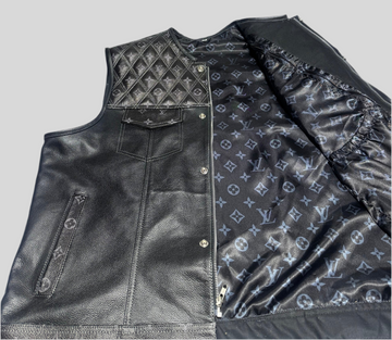 Black Leather Vest with Grey LV Pattern- Premium Quality