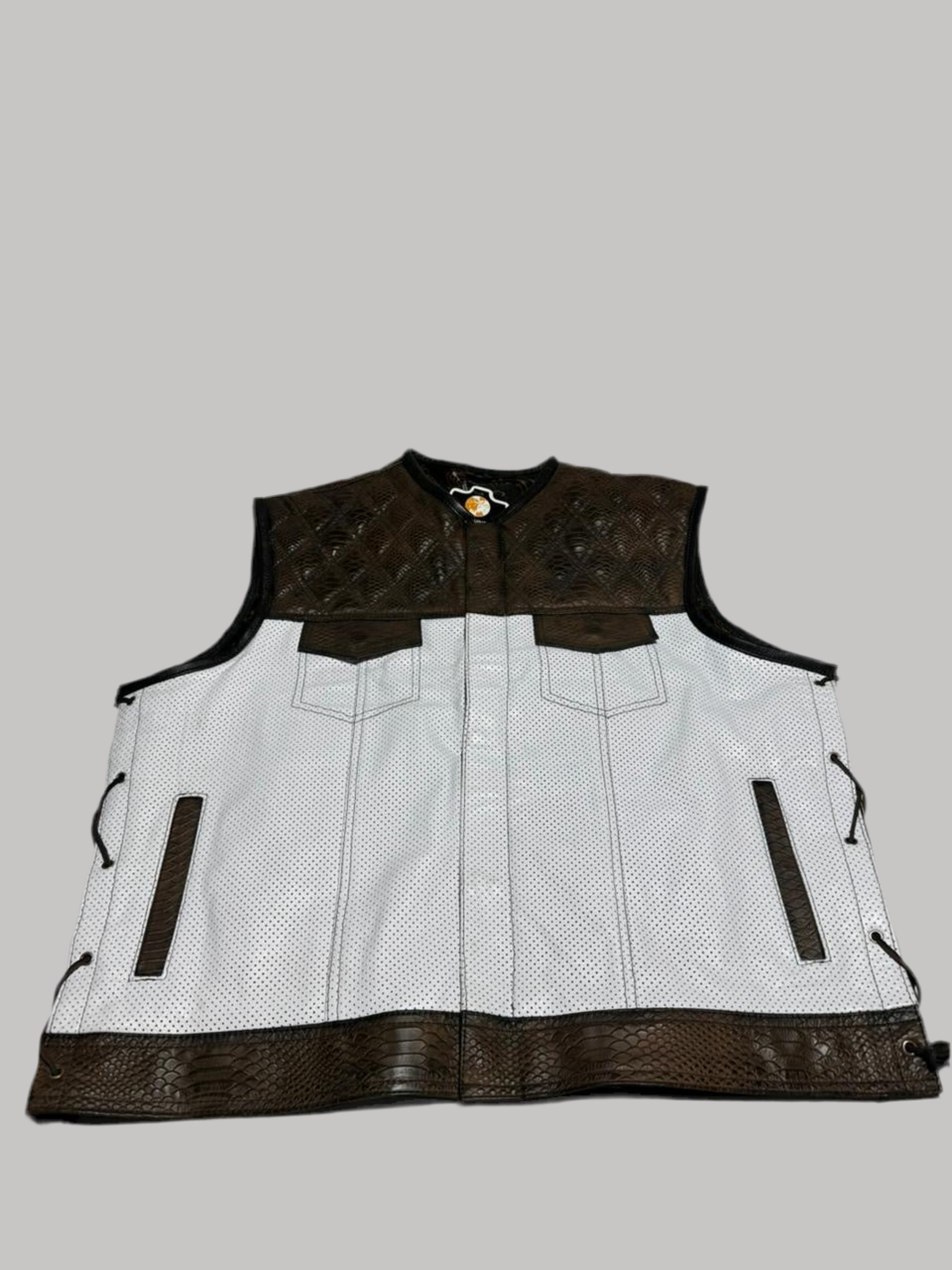 Wild Wanderers Brown & White Laced-Up Perforated Crocodile Leather Vest – Biker’s Luxe Armor for the Open Road