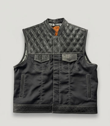WW Black Gator Leather and Denim Motorcycle Vest
