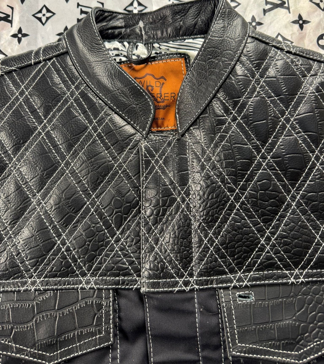WW Black Gator Leather and Denim Motorcycle Vest