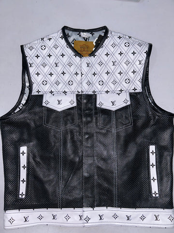Branded White Diamond Quilted with Black Perforated Leather vest