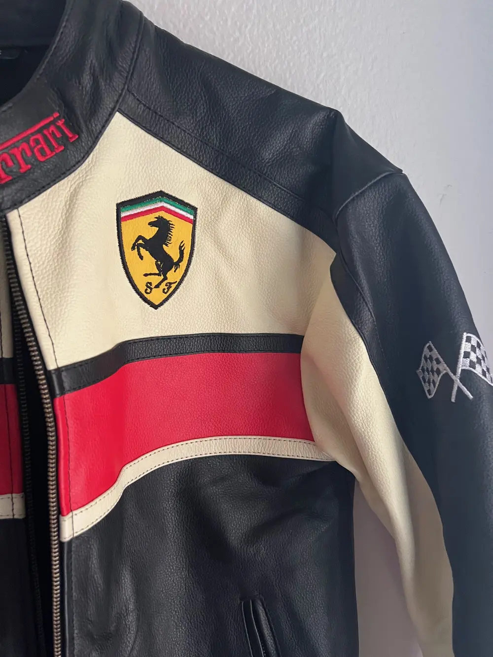 Premium Leather Ferrari F1 Racing Jacket in  Black, Cream & Red - Vodafone & Shell Sponsors