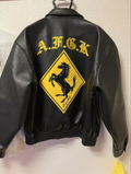 Back view of the black leather bomber jacket showing the yellow 
