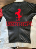 Back view of the Ferrari racing jacket, showing the large red prancing horse logo, 