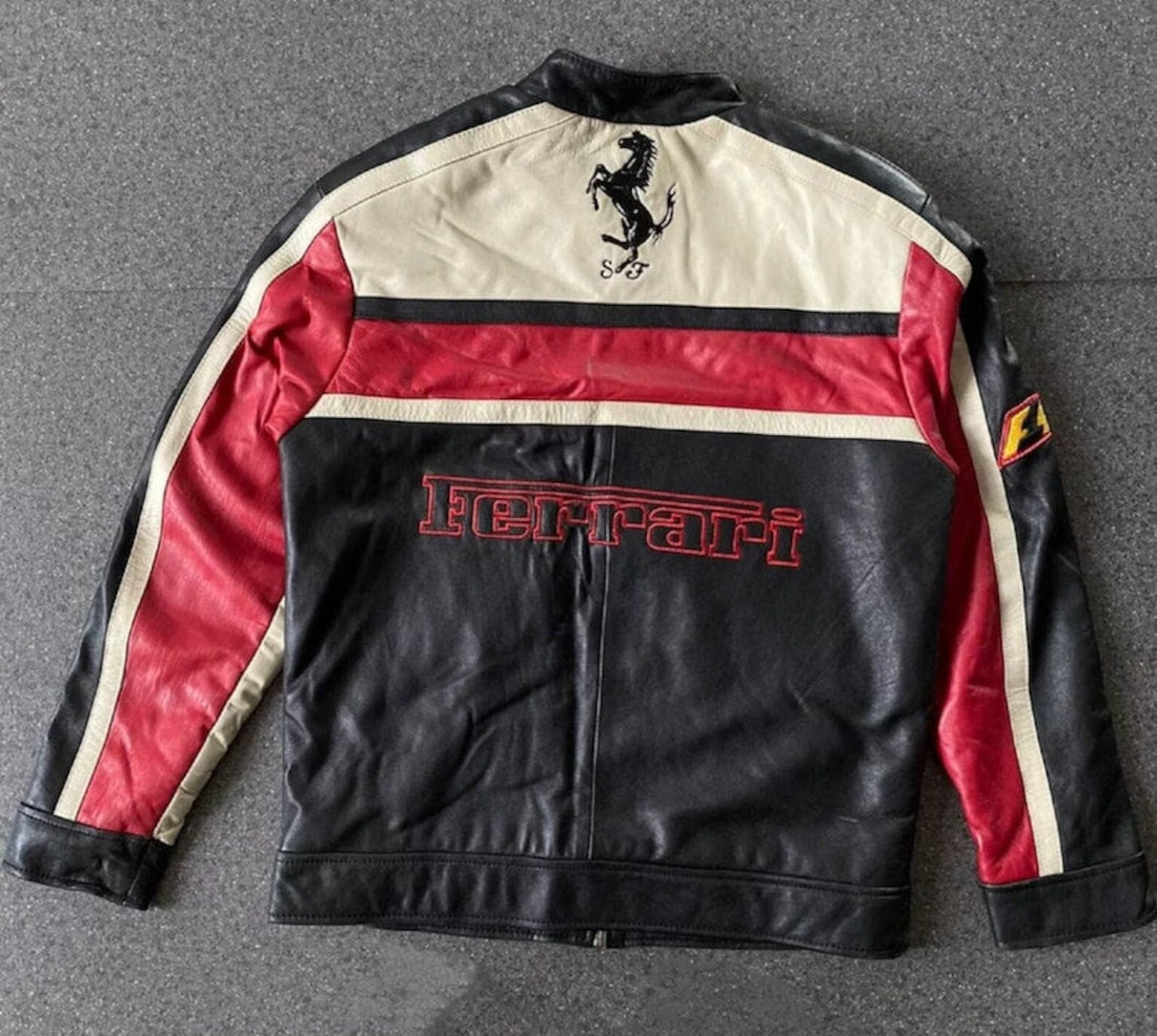 Ferrari racing leather jacket front view with Michael Schumacher F1 design