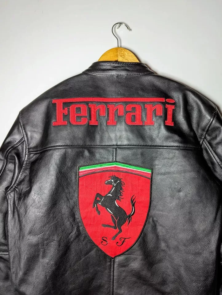 Back view of Ferrari Michael Schumacher leather jacket with large red Ferrari prancing horse logo.