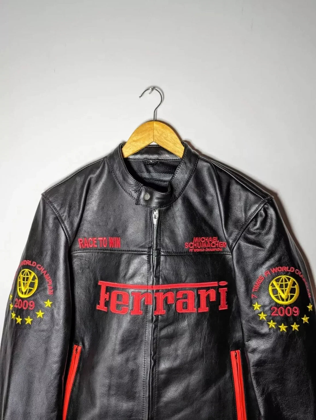 Front view of Ferrari Michael Schumacher racing jacket in genuine leather with embroidered Ferrari logos