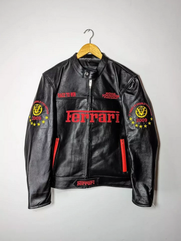 Front view of Ferrari Michael Schumacher racing jacket in genuine leather with embroidered Ferrari logos