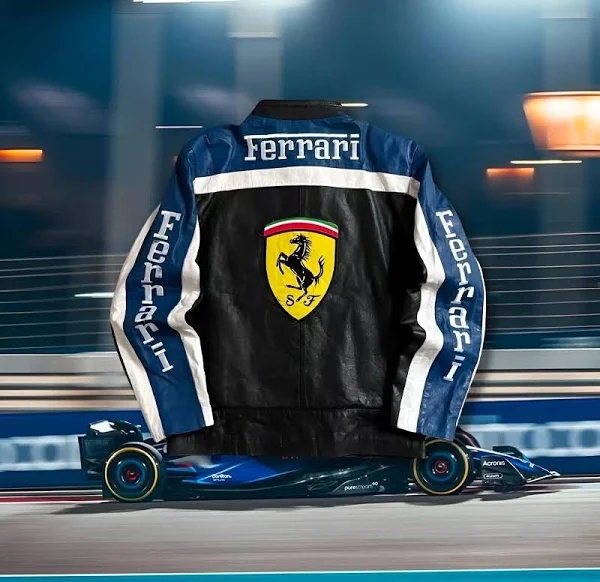 Ferrari blue and white racing jacket in genuine leather with embroidered Ferrari logos.