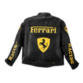 Back view of the black leather Ferrari Racing jacket showing the large yellow Ferrari text and Scuderia prancing horse shield.