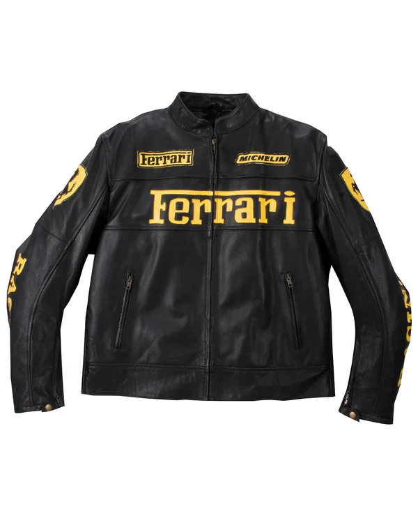 Front view of a black leather Ferrari Racing jacket with bold yellow Ferrari and Michelin logos on a white background.