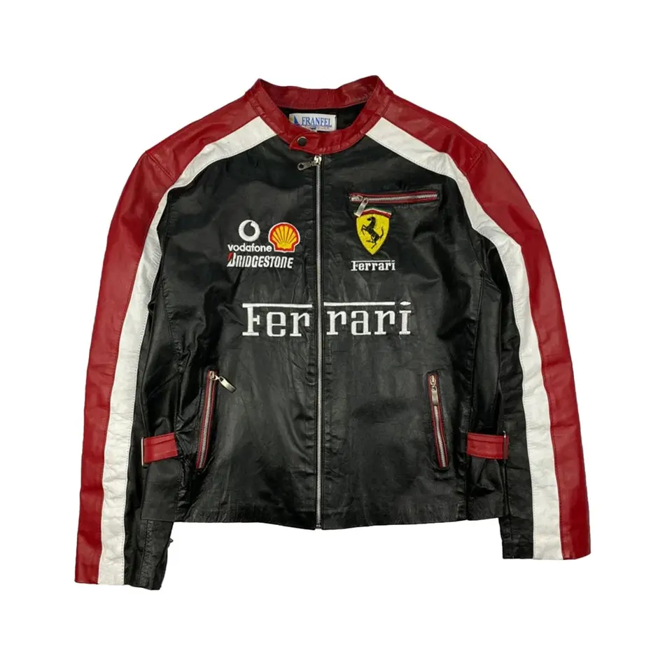 Ferrari F1 Racing Leather Jacket – Black Red White Motorsport Jacket with Logos - LEATHER CHAPTER